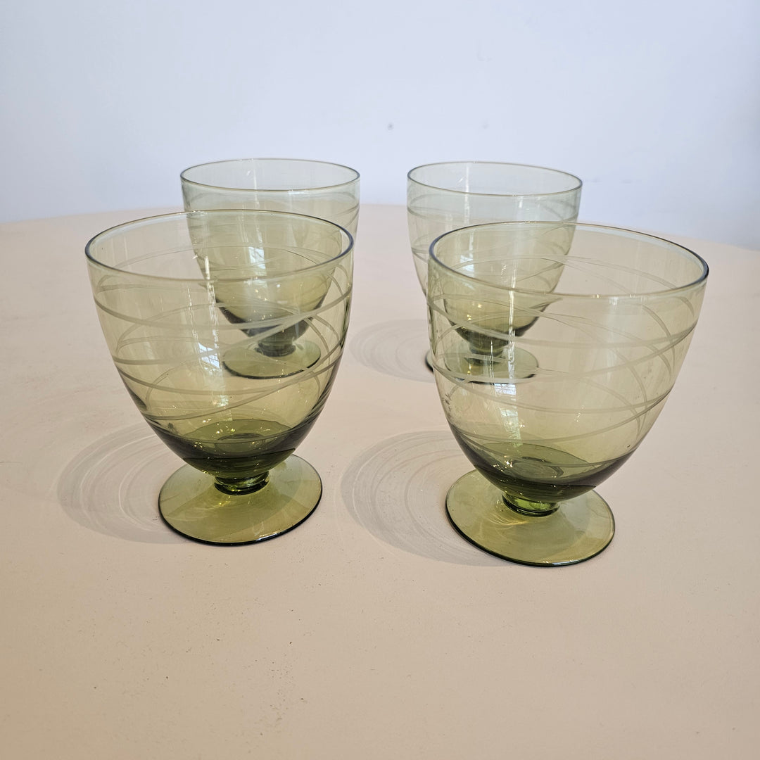 (4) Etched Green Footed Dessert Glass Bowls / Cups