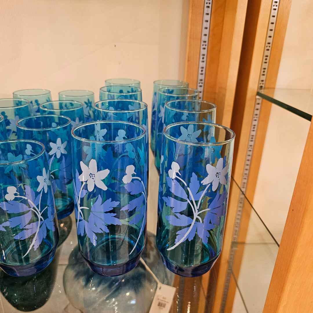 Set of 8 Anchor Hocking Laser Blue Floral Water Glasses